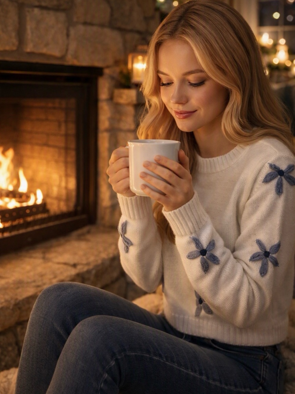 Chic & Slick Altar'd State Cream Crewneck Sweater with Blue Floral Appliqués
